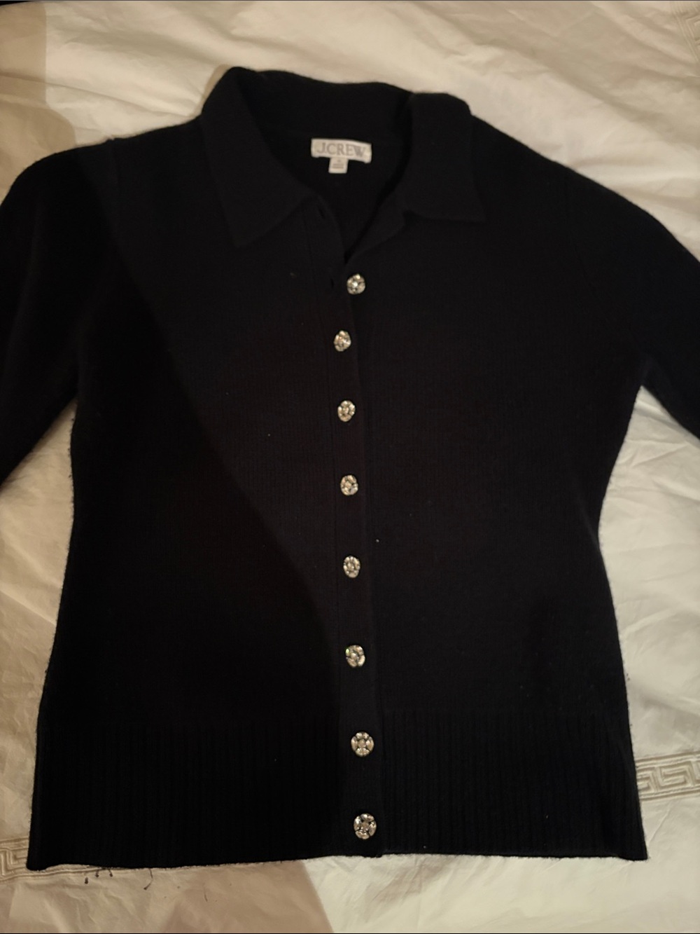 J. Crew Black Collared Cardigan with Crystal Buttons